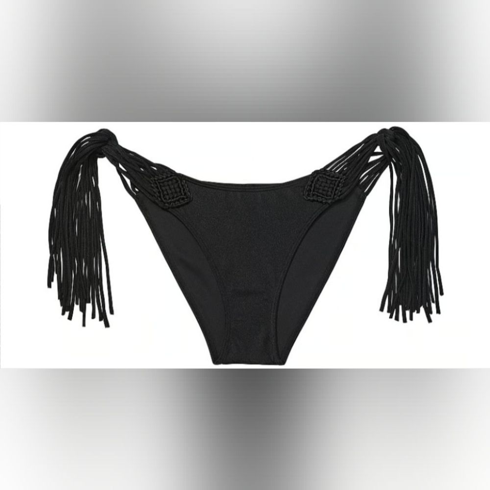 XL VS Archives Swim Macrame Fringe Bralette Cheeky Bikini Set Black Tropical - Picture 3 of 6
